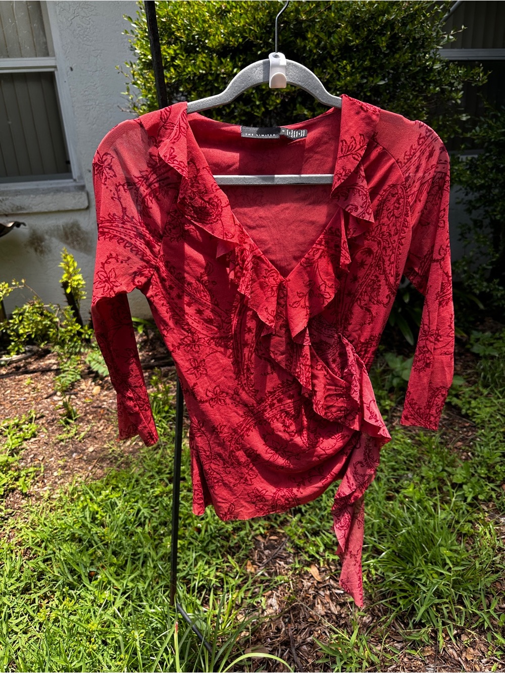 The Limited Red Floral Ruffle Wrap Top